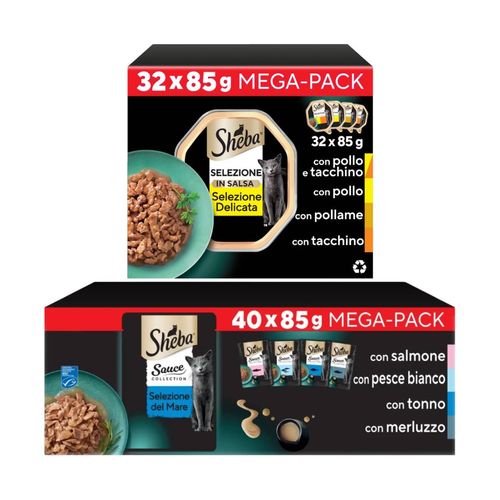 Set Prova Multigusto 32x85G e 40x85G Sheba Cat Sauce Collection Selezione Delicata e Selezione del Mare