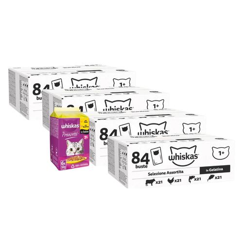 Kit Multigusto Whiskas 336x85g + 6x50g Pranzetti 7+ incluso